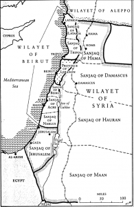 Future area of Palestine as administered by the Ottoman Empire, 1890s (Source: Kenneth W. Stein, The Land Question in Palestine, 1917-1939, North Carolina Press, 1984.)