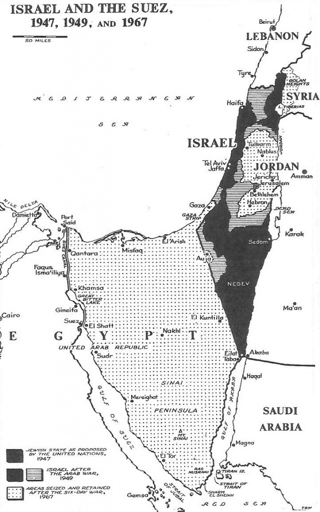 Figure 3 When Arab states refused to accept the 1947 UN partition of Palestine into Arab and Jewish states, and instead chose war against the Jewish state, Israel increased its size by 37% over what was allottedto it in the original partition plan. ("Israel and the Suez 1947, 1949, and 1967." Map. McGraw- Hill Inc. The Middle East: A History. By Sydney NettletonFisher. 3rd ed. New York: Alfred A. Knopf, 1979. N. pag. Print.)