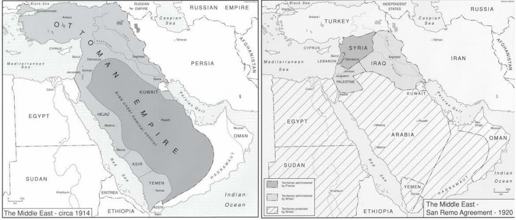 Comparison of the Middle East circa 1914 and the Middle East- San Remo Agreement 1920