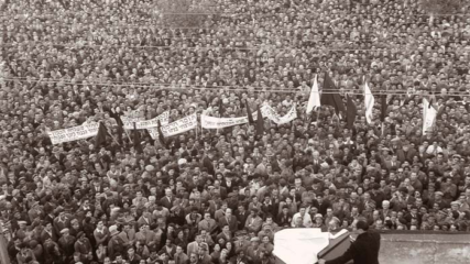 Menachem Begin addresses a crowd in Tel Aviv at a protest rally against accepting German Reparations