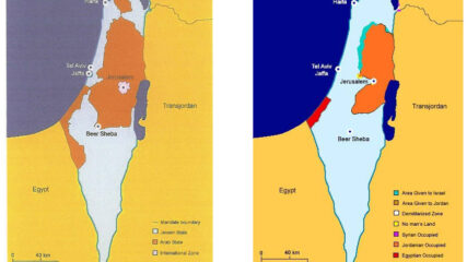 Comparison of the 1947 UN Partition Plan’ borders and Israel’s 1949 armistice lines with Arab States