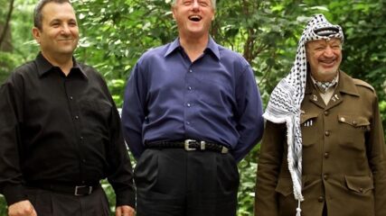Israeli Prime Minister Ehud Barak, President Bill Clinton, and Yasser Arafat at Camp David in 2000