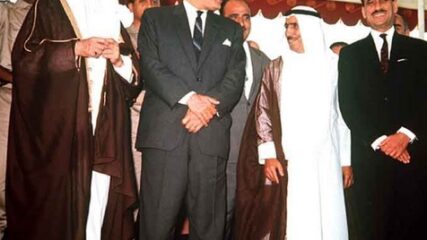 (L-R) Faisal of Saudi Arabia, Nasser of Egypt, Sallal of Yemen, Sabah of Kuwait and Arif of Iraq meeting in Sudan, August 29, 1967. Photo: Bibliotheca Alexandria