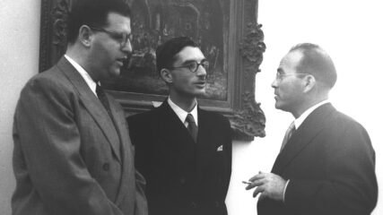 (From left) Foreign Ministry officials Abba Eban, Shabtai Rosenne and Reuven Shiloah meet in the Israeli president’s office in 1949. (credit: Hans Pinn, National Photo Collection of Israel, CC BY-SA 3.0)