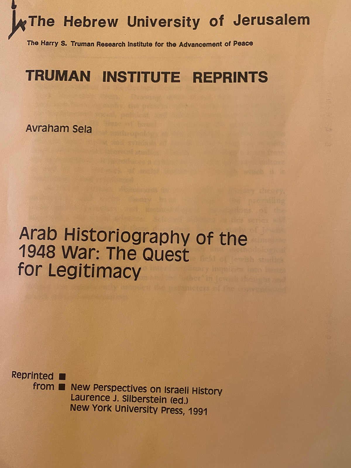 Avraham Sela: Arab Historiography of the 1948 War: The Quest for Legitimacy