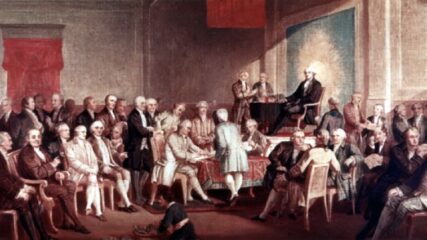 Signing of US Constitution, Independence Hall, Philadelphia, September 17, 1987, George Washington standing behind the chair with Richard Spraight of North Carolina seated (Howard Candler Christy, 1940 painting, US Capitol Building, Public Domain)