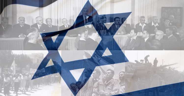 Modern Israel Online Courses: Israeli flag waving over photos of major moments in Israel's history